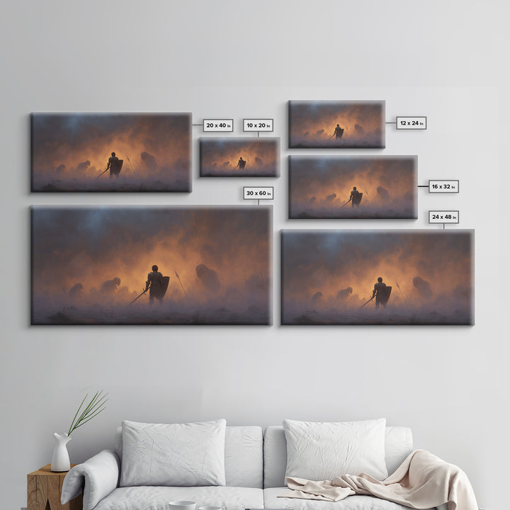 Lone Knight In Smoky Ember Battlefield Wall Art, Dark Fantasy Art, Medieval Warrior, Gothic Decor, Dramatic Canvas Print