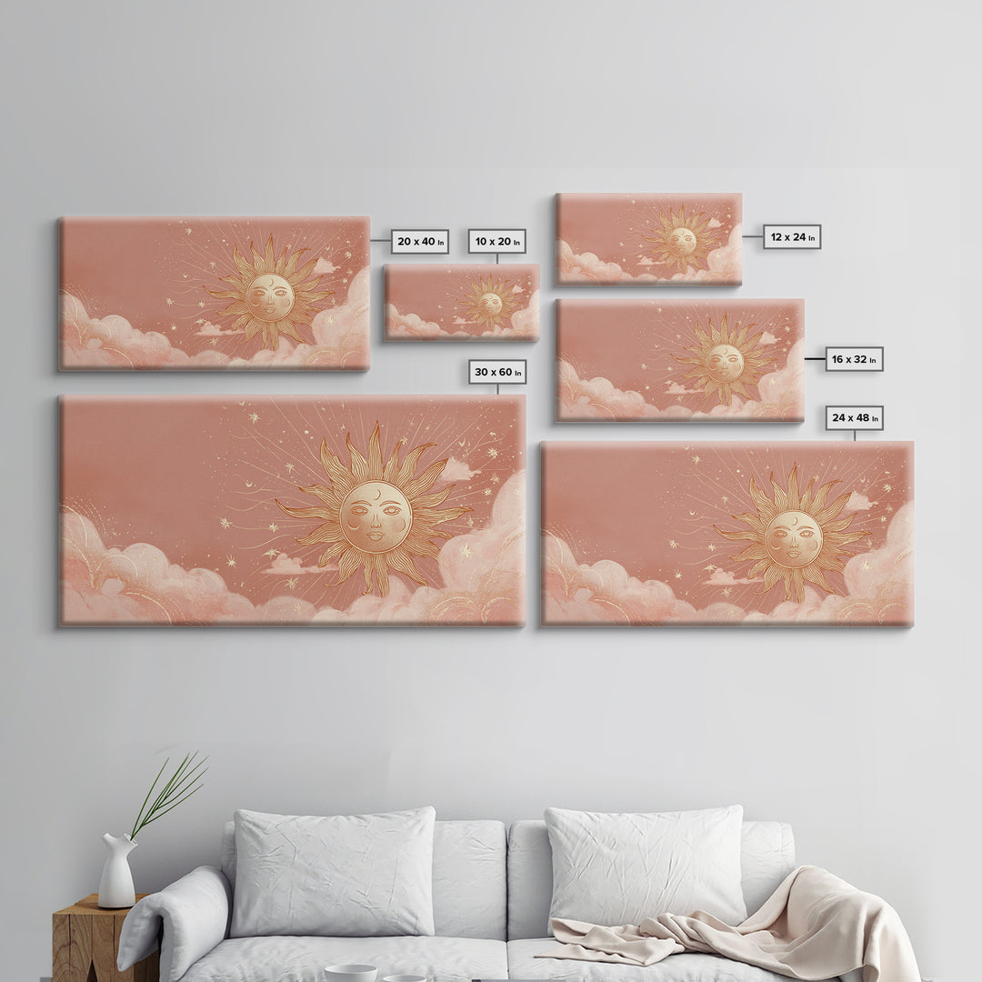 Peach Boho Sun Face In Cloudy Sky Wall Art, Celestial Art Print, Nursery Wall Decor, Whimsical Kids Room Decor Gift For Her