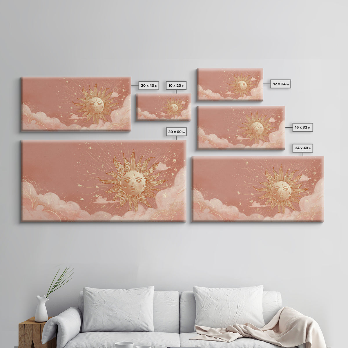 Peach Boho Sun Face In Cloudy Sky Wall Art, Celestial Art Print, Nursery Wall Decor, Whimsical Kids Room Decor Gift For Her