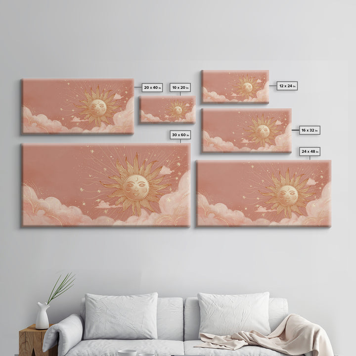 Peach Boho Sun Face In Cloudy Sky Wall Art, Celestial Art Print, Nursery Wall Decor, Whimsical Kids Room Decor Gift For Her
