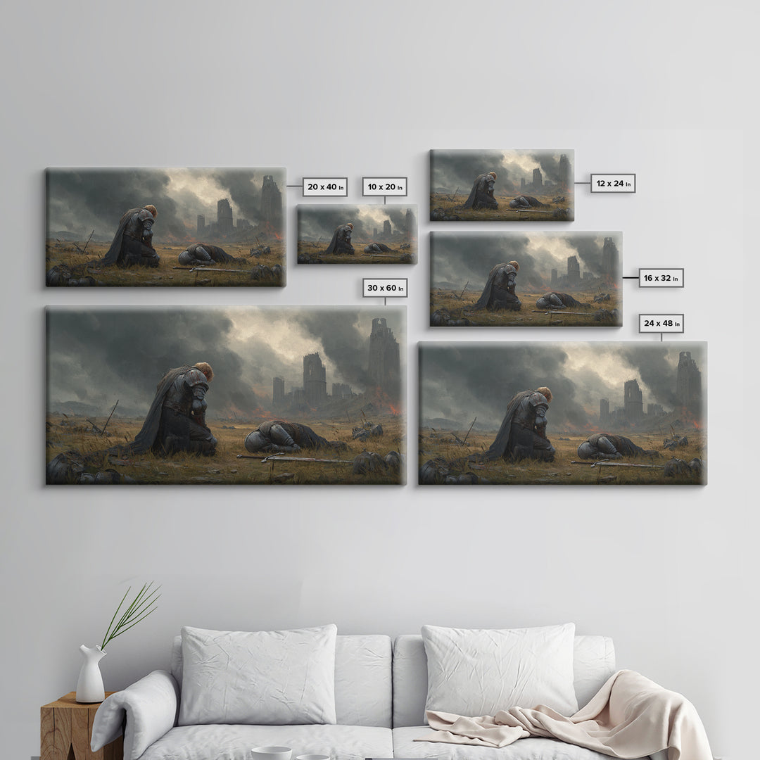 Kneeling Knight Beside Fallen Comrade Wall Art, Dark Fantasy Landscape, Medieval Ruins, Moody Wall Decor, Large Canvas Print