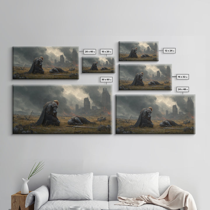 Kneeling Knight Beside Fallen Comrade Wall Art, Dark Fantasy Landscape, Medieval Ruins, Moody Wall Decor, Large Canvas Print