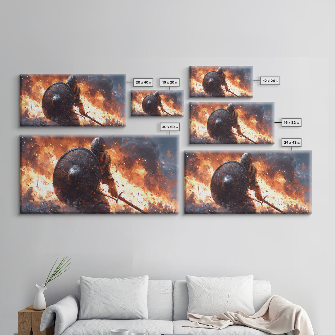 Shielded Knight Charging Through Fire Wall Art, Dark Fantasy Warrior, Medieval Battle, Gothic Home Decor, Statement Canvas Print