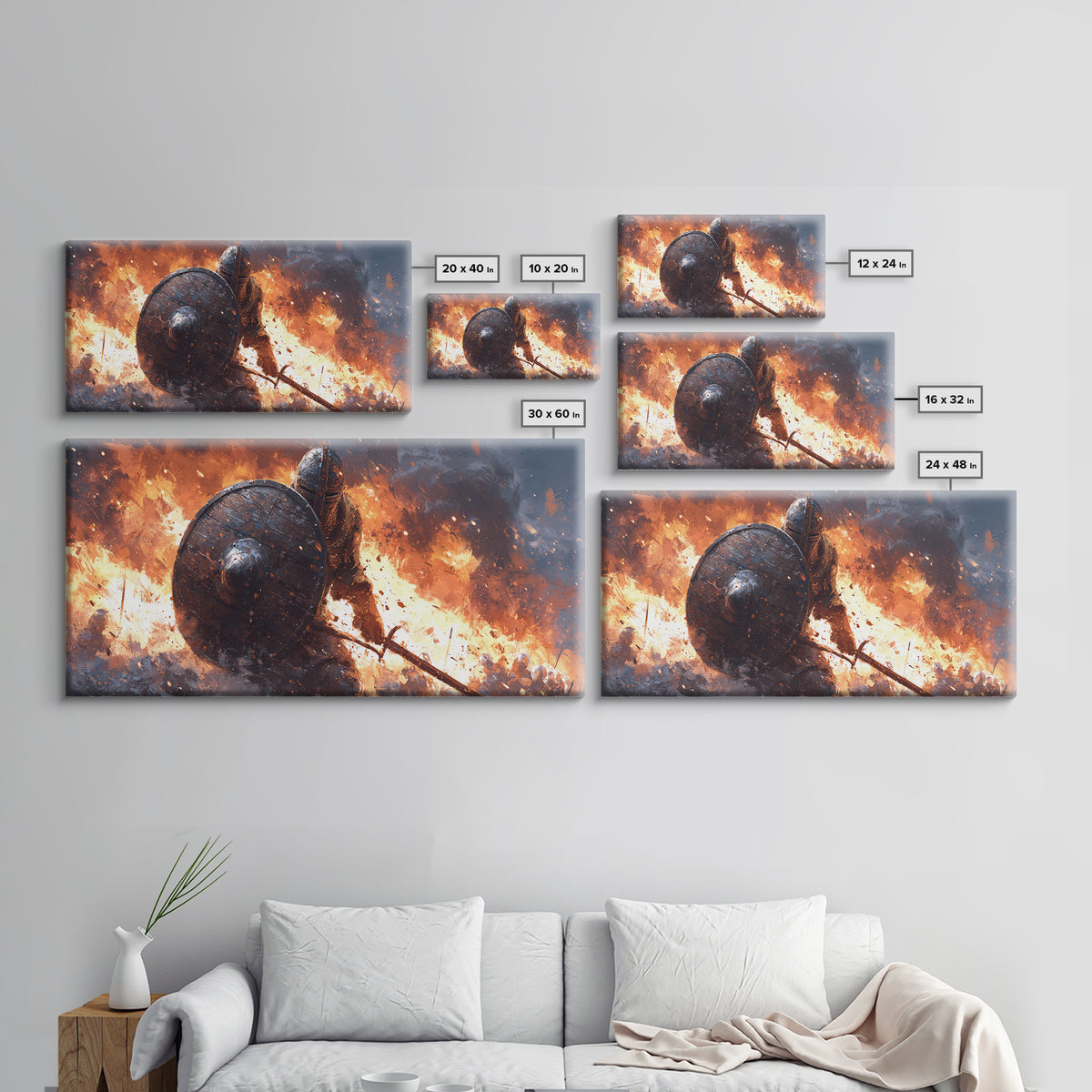 Shielded Knight Charging Through Fire Wall Art, Dark Fantasy Warrior, Medieval Battle, Gothic Home Decor, Statement Canvas Print