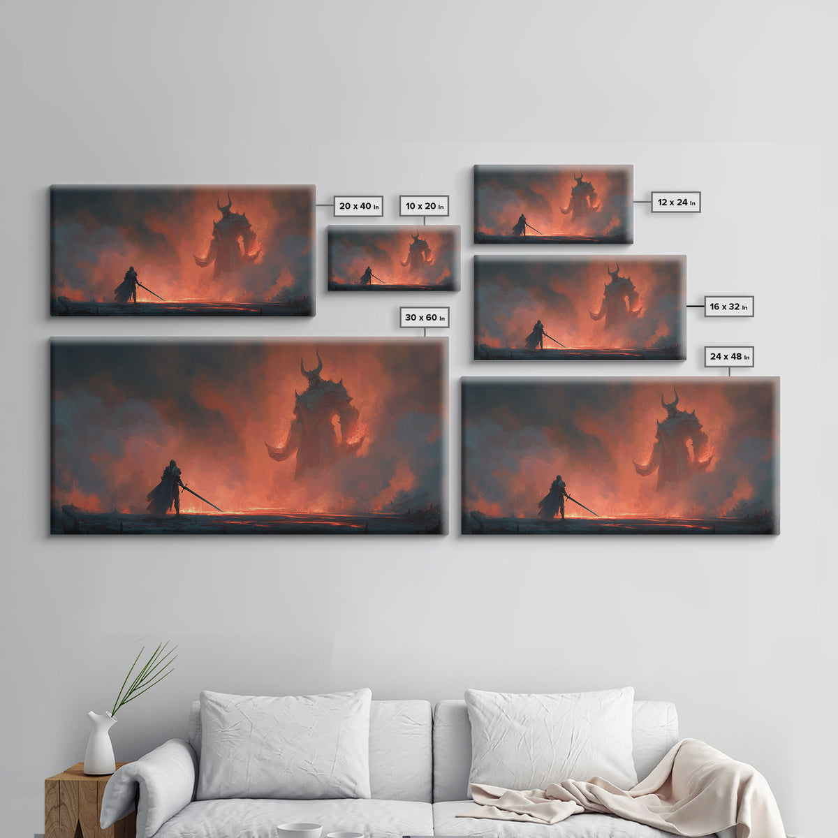 Lone Knight Facing Fire Demon Wall Art, Dark Fantasy Art, Surreal Gothic Decor, Medieval Warrior, Epic Statement Canvas Print