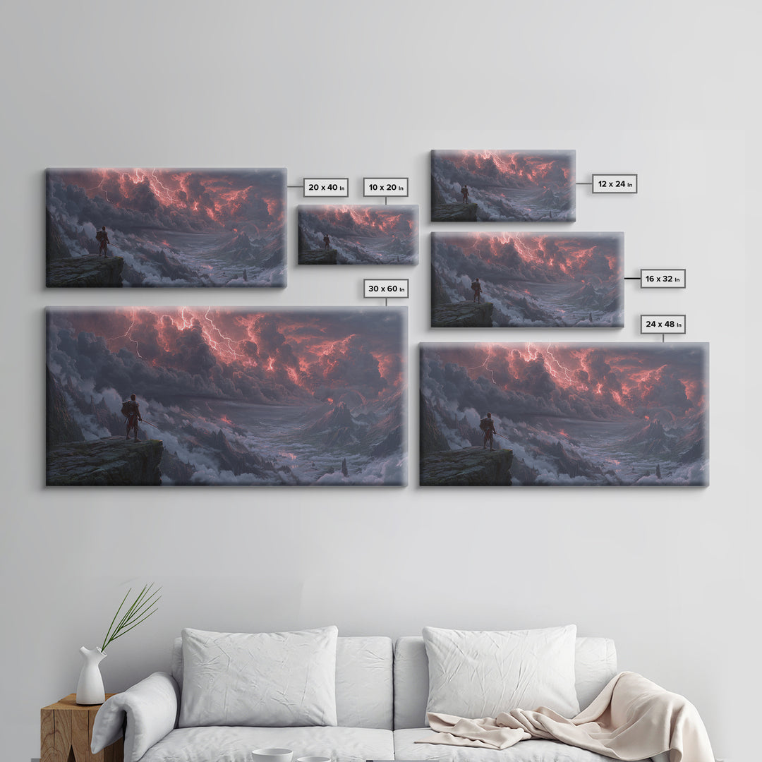 Knight On Mountain Cliff Under Lightning Wall Art, Dark Fantasy Landscape, Epic Mountain Art, Gothic Decor, Canvas Print