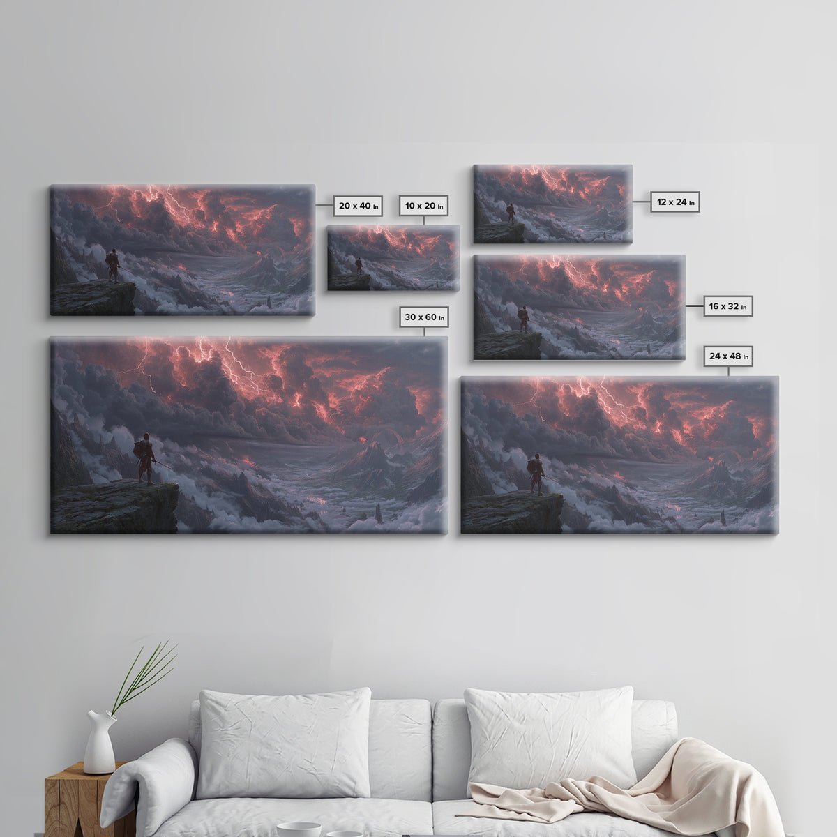 Knight On Mountain Cliff Under Lightning Wall Art, Dark Fantasy Landscape, Epic Mountain Art, Gothic Decor, Canvas Print