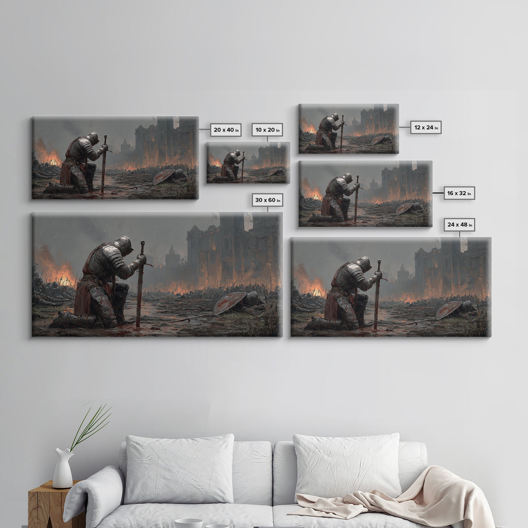 Kneeling Knight In Rainy Battlefield Framed Canvas Print, Dark Fantasy Wall Art, Medieval Castle Office Decor Gift For Him
