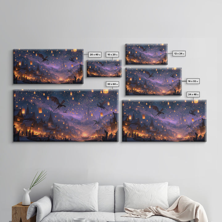 Dragon Lantern Festival Village Canvas Print, Fantasy Wall Art, Whimsical Night Sky Decor, Magical Kids Room Decor Gift Idea