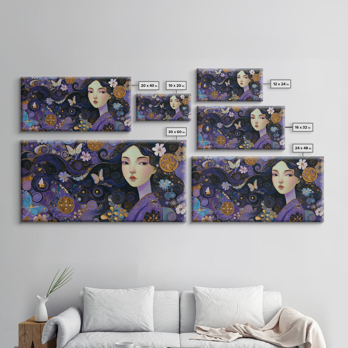 Purple Art Nouveau Woman Wall Art, Feminine Portrait Canvas Print, Butterfly Floral Decor, Gold Boho Gallery Wall Art Print