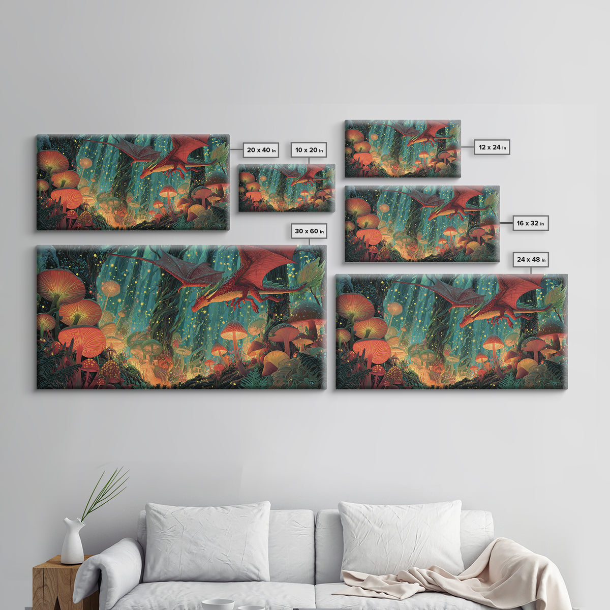 Red Dragon Over Glowing Mushroom Forest Wall Art, Whimsical Fantasy Canvas Print, Enchanted Woodland Kids Room Decor Gift