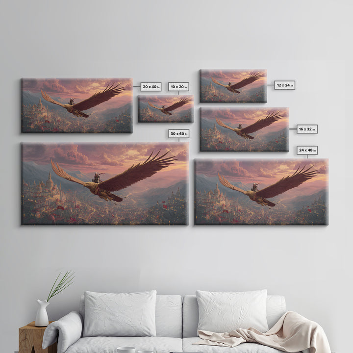 Epic Eagle Rider Over Kingdom Wall Art, Fantasy Canvas Print, Mythical Landscape Art For Gamer Room, Study, And Office Decor