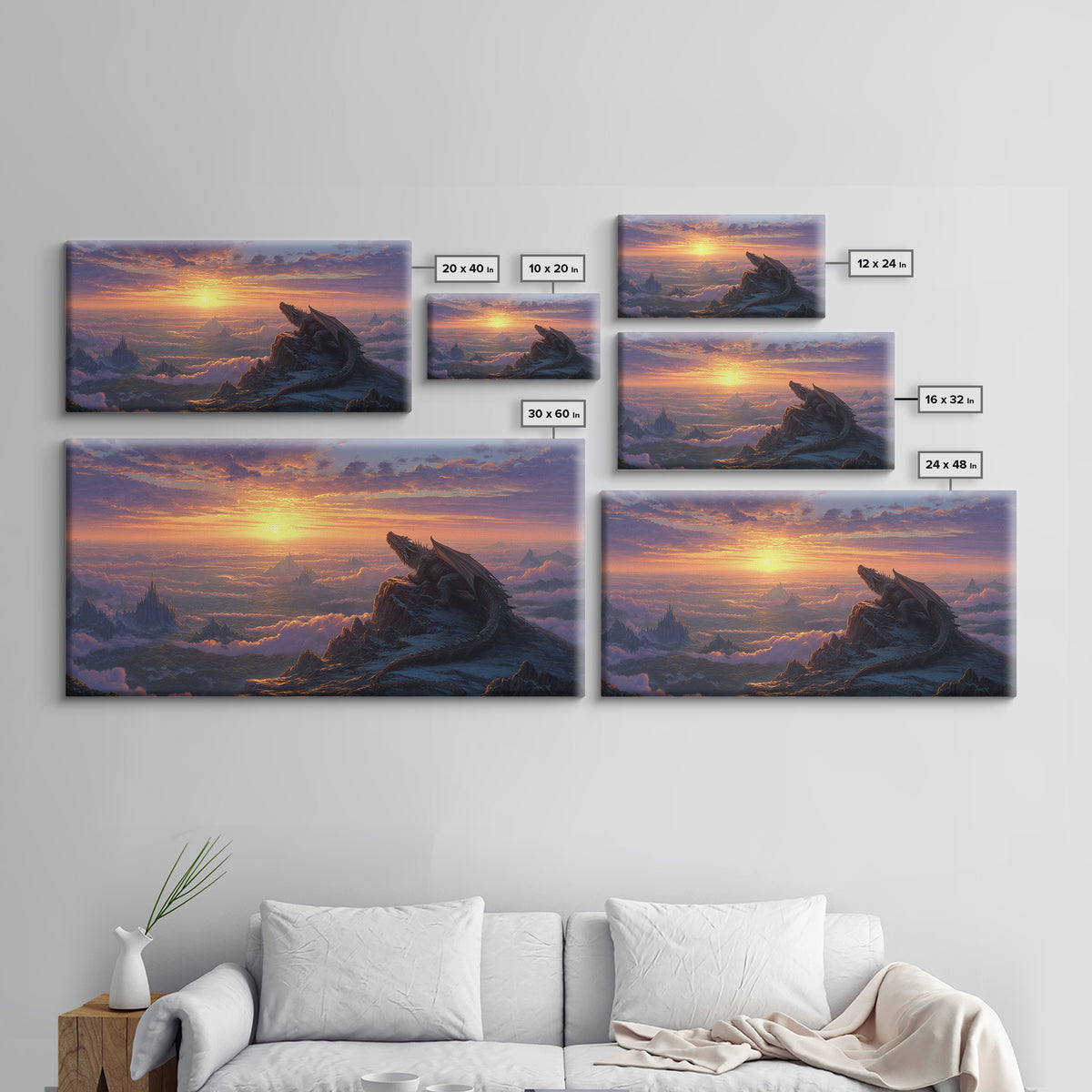 Sunset Dragon Mountain Kingdom Wall Art, Epic Fantasy Landscape Canvas, Medieval Castle Decor, Large Fantasy Art Print Gift