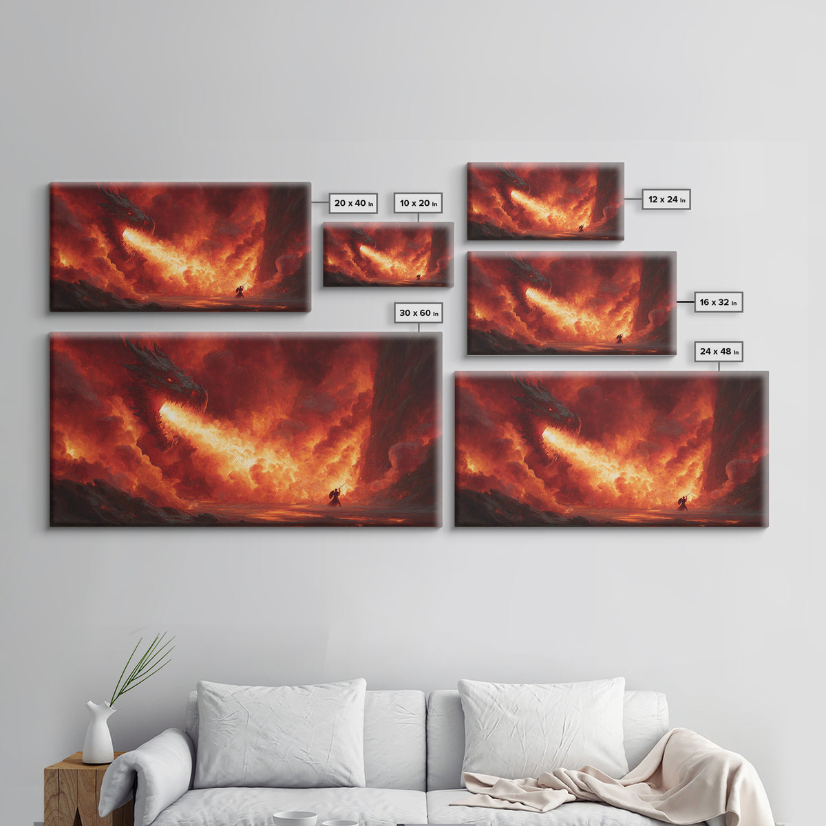 Fire Breathing Dragon In Volcanic Sky Canvas Print, Dark Fantasy Wall Art, Epic Dragon Art, Fantasy Decor, Gamer Room Decor, Large Artwork