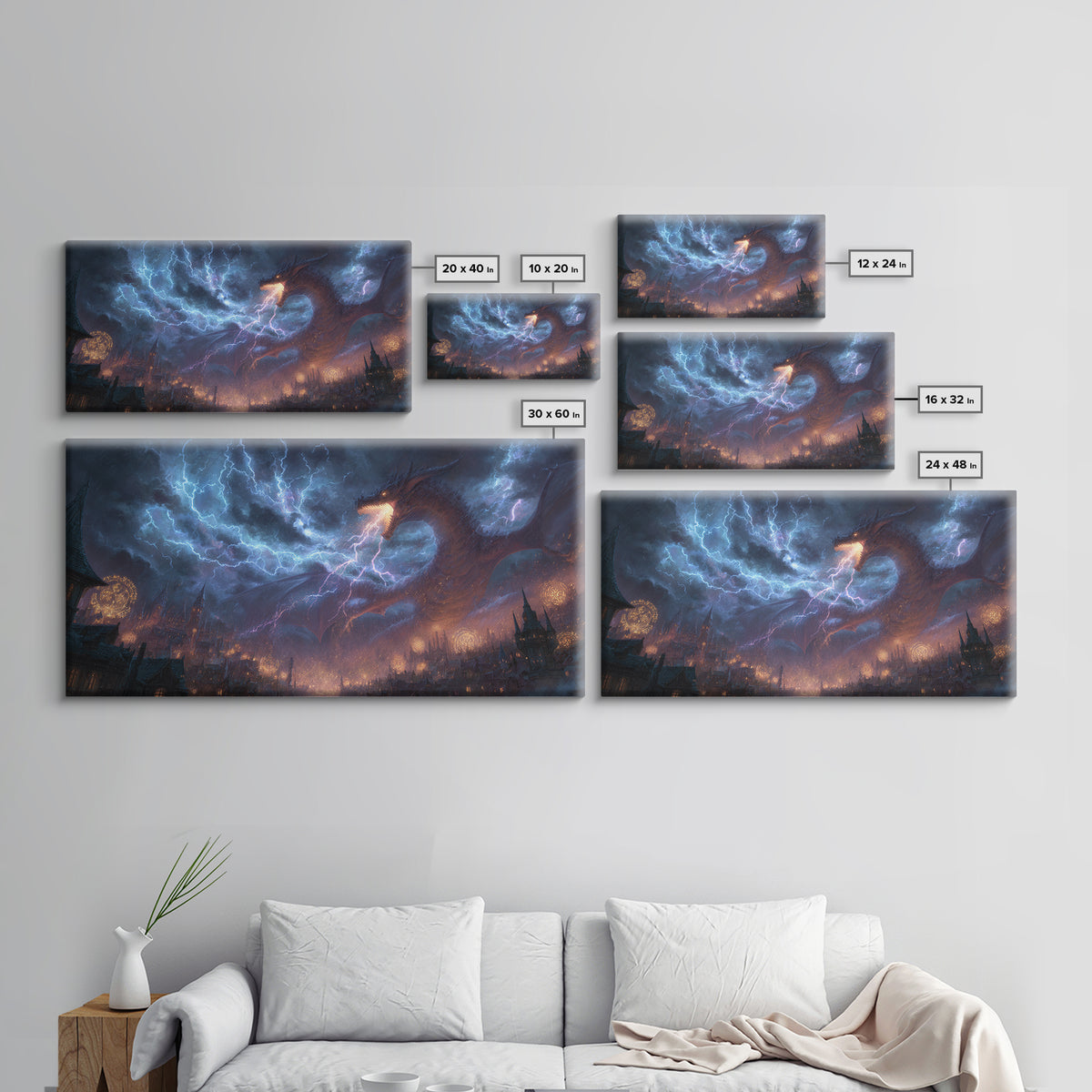 Lightning Dragon Over Gothic City Wall Art, Dark Fantasy Canvas, Stormy Castle Decor, Epic Dragon Print, Gamer Gift, Fantasy Decor
