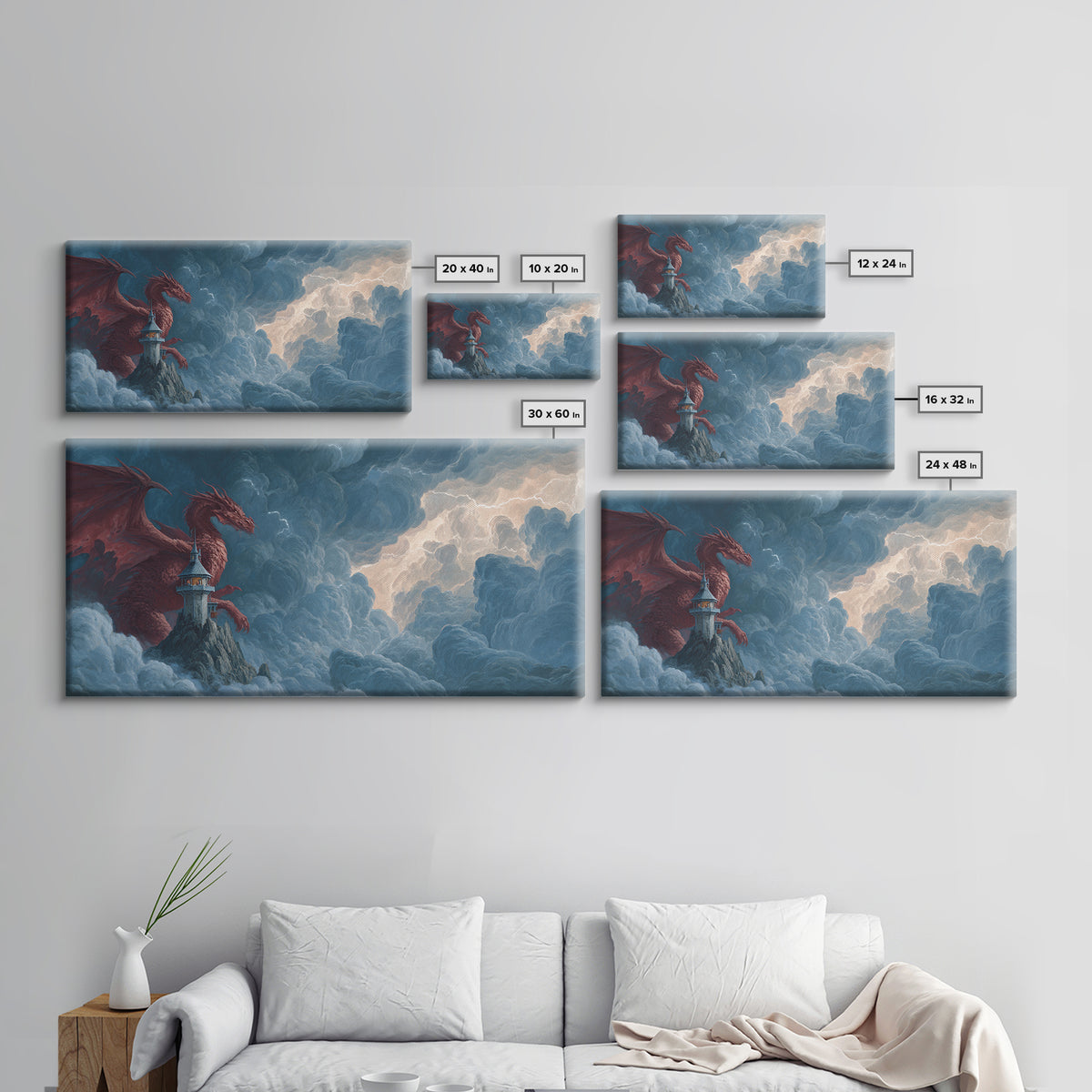 Red Dragon Lighthouse In Storm Clouds Canvas Print, Epic Fantasy Wall Decor, Mythical Creature Art, Dungeons And Dragons Gift