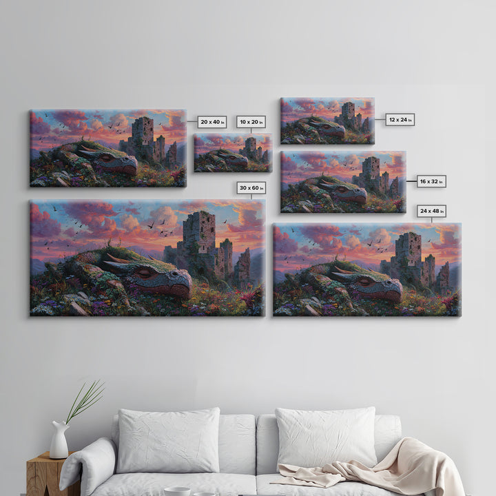 Sleeping Dragon Among Wildflowers Framed Canvas Print, Fantasy Wall Art, Whimsical Decor, Nursery Art, Enchanted Castle Art
