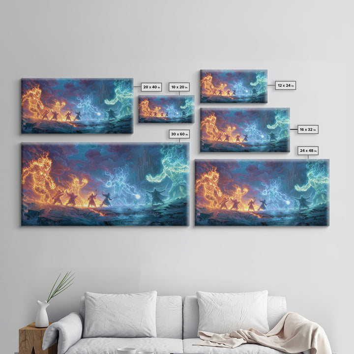 Elemental Dragon Battle Canvas Print, Fire And Ice Fantasy Wall Art, Epic Magic Warrior Decor, RPG Gamer Room Gift For Him