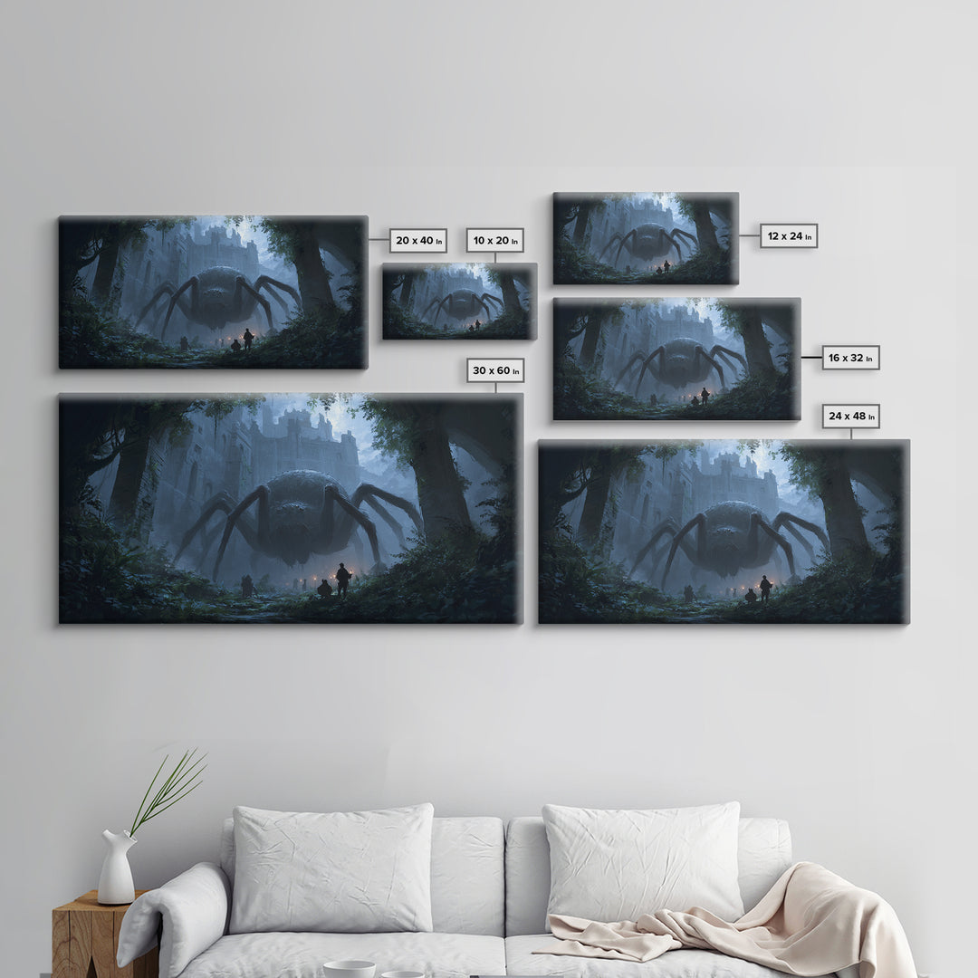 Giant Spider In Ruined Forest Canvas Print, Dark Fantasy Wall Art, Gothic Castle Decor, Creepy Dungeons And Dragons Gift