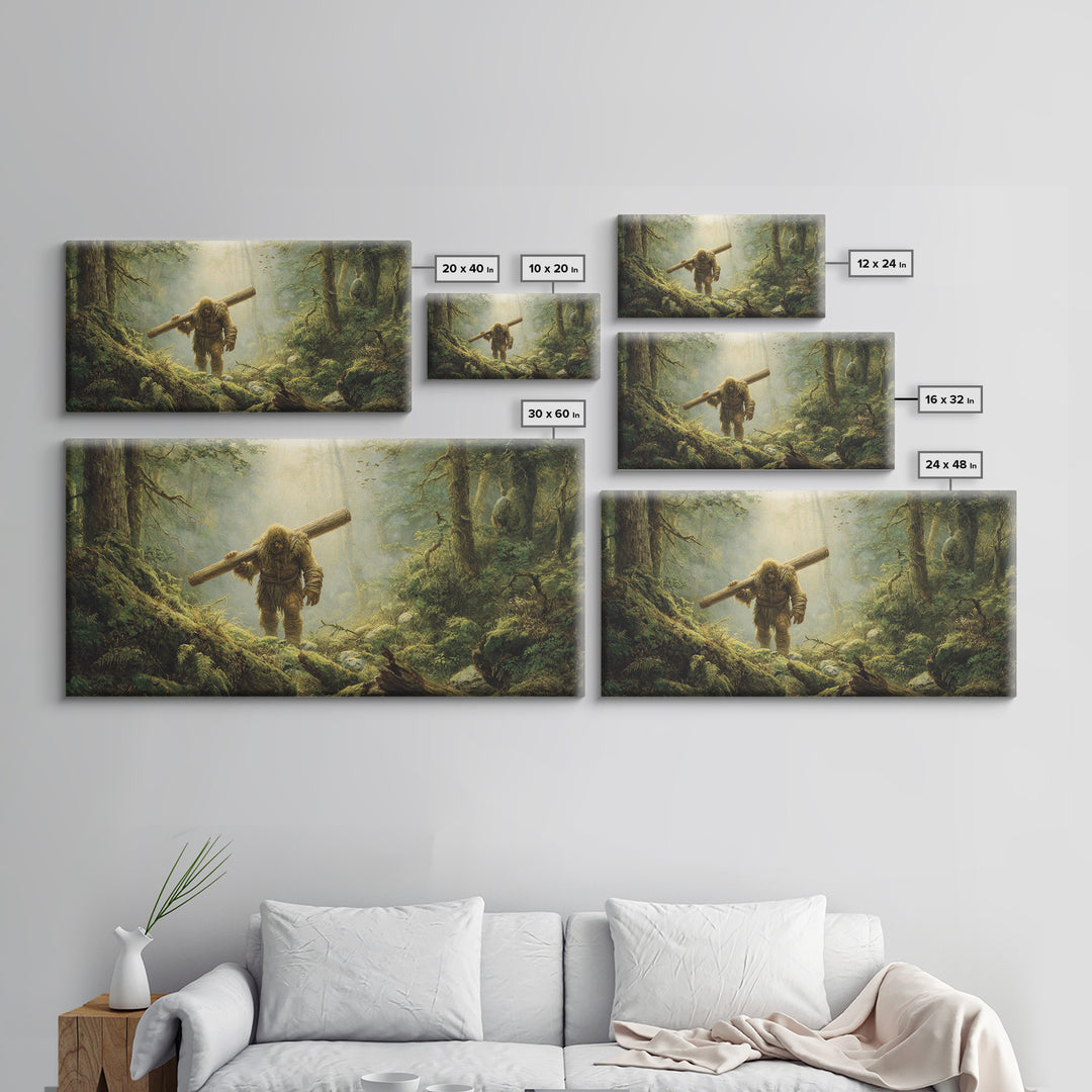 Bigfoot Carrying Log Through Mossy Forest Wall Art, Whimsical Wildlife Canvas Print, Cabin Decor, Fantasy Home Decor, Unique Gift