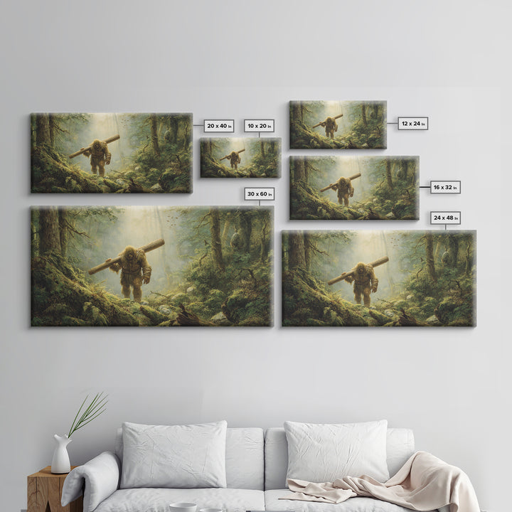 Bigfoot Carrying Log Through Mossy Forest Wall Art, Whimsical Wildlife Canvas Print, Cabin Decor, Fantasy Home Decor, Unique Gift