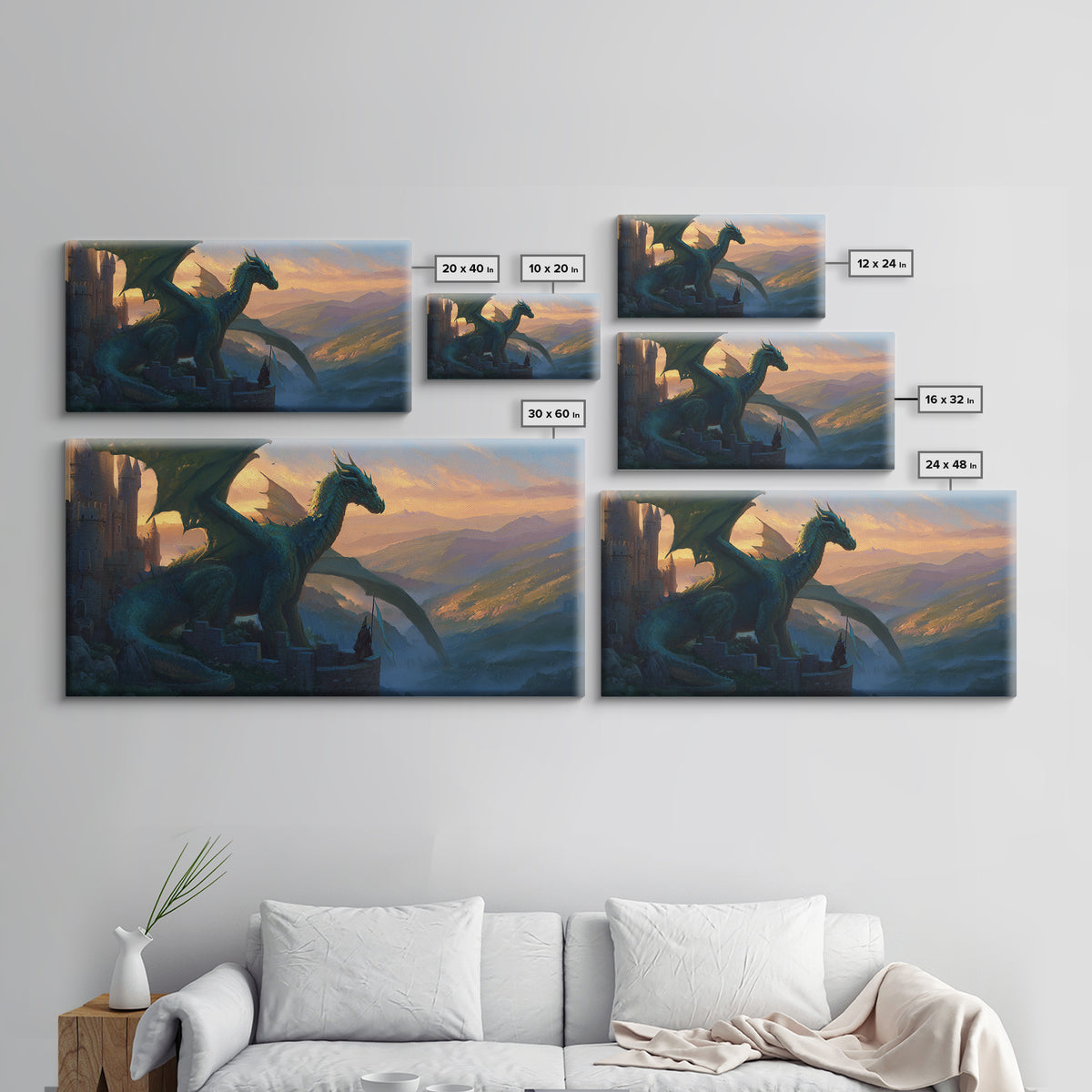 Emerald Dragon Castle Wall Art, Fantasy Landscape Canvas Print, Medieval Gothic Decor, Large Mythical Creature Artwork Gift