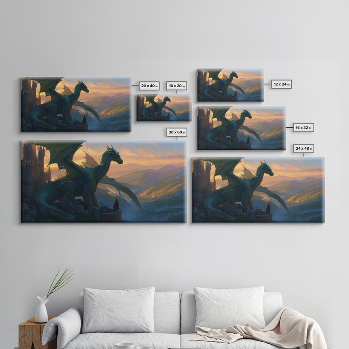 Emerald Dragon Castle Wall Art, Fantasy Landscape Canvas Print, Medieval Gothic Decor, Large Mythical Creature Artwork Gift
