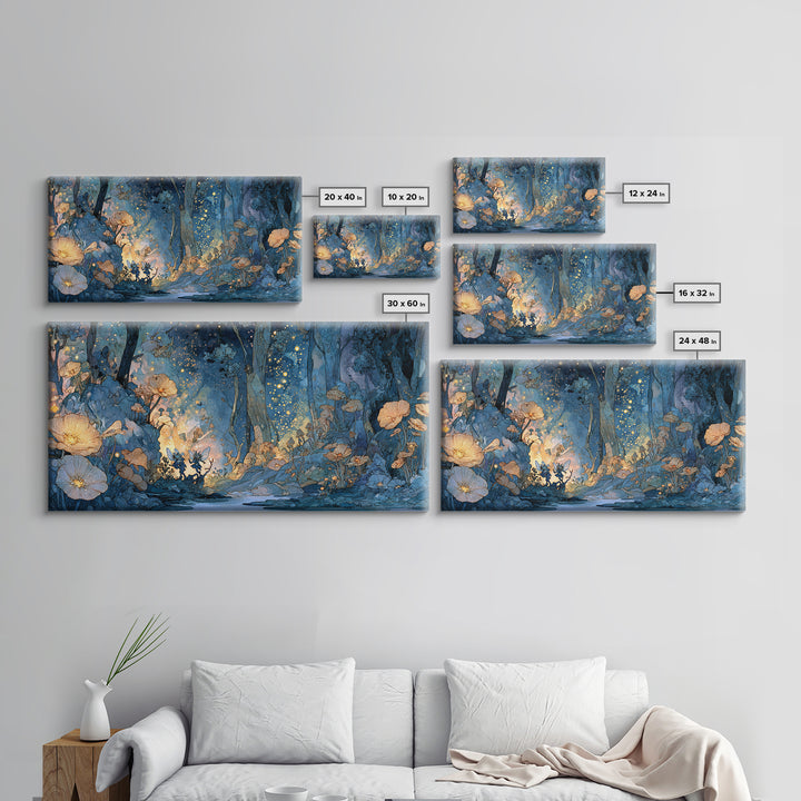 Glowing Blue Fairy Forest Canvas Print, Whimsical Floral Wall Art, Enchanted Woodland Decor, Firefly Fantasy Print, Nursery Wall Decor