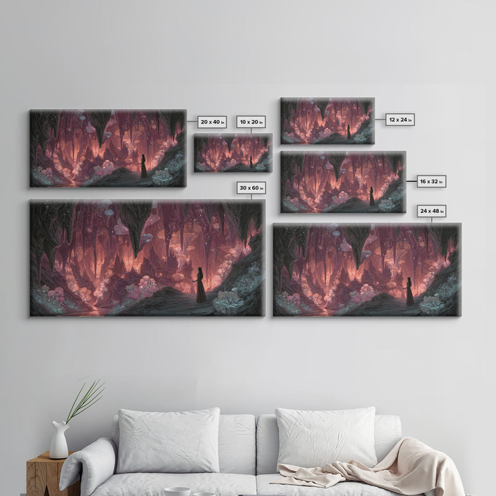Glowing Crystal Mushroom Cave Wall Art, Magical Fantasy Canvas Print, Ethereal Decor, Whimsical Art, Goblincore Home Decor