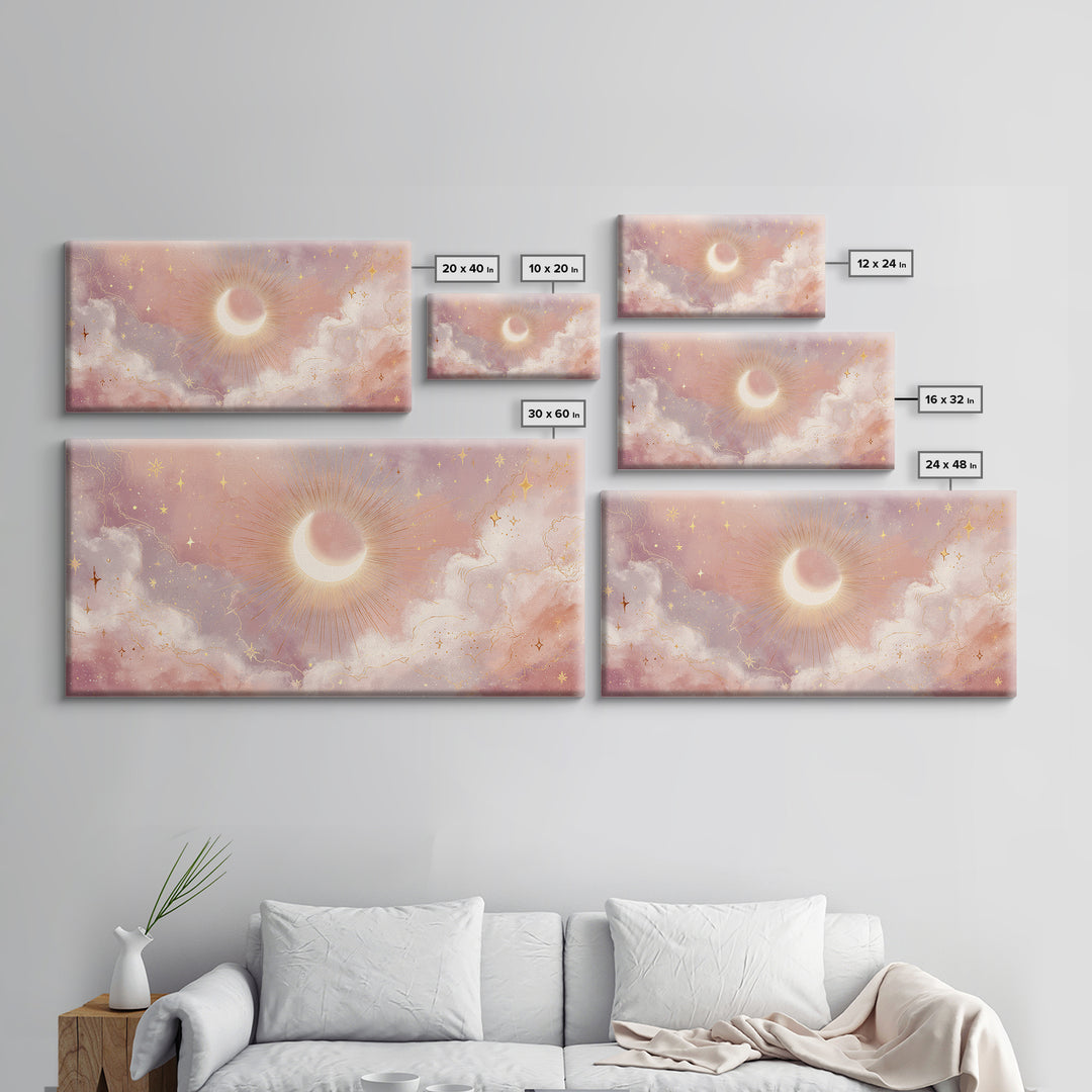 Glowing Solar Eclipse With Pink Clouds Wall Art, Celestial Canvas Print, Moon And Stars Decor, Dreamy Bedroom Decor Gift For Her