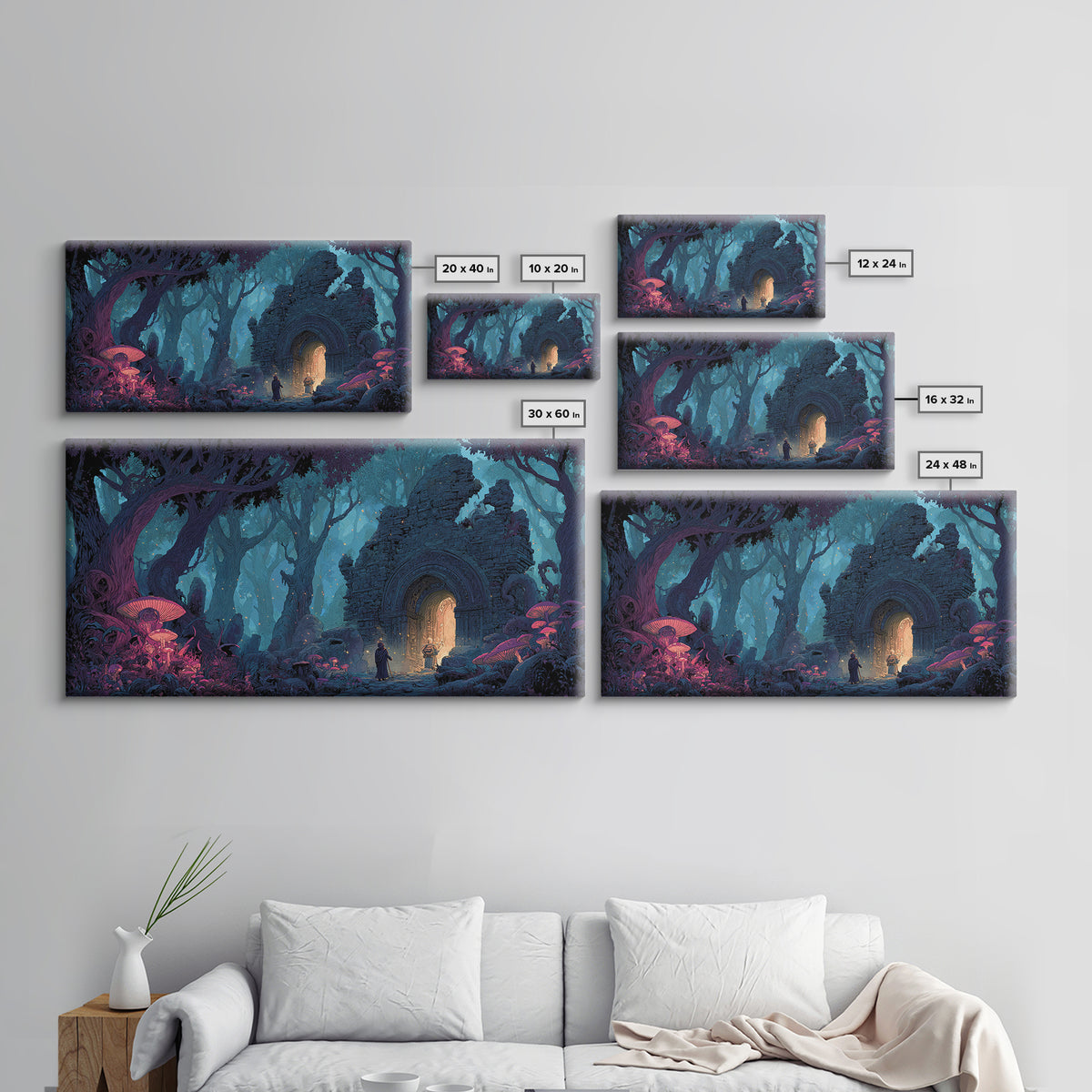 Enchanted Forest Portal Canvas Print, Mushroom Fantasy Wall Art, Magical Ruins Decor, Whimsical Fairy Tale Print For Kids Room