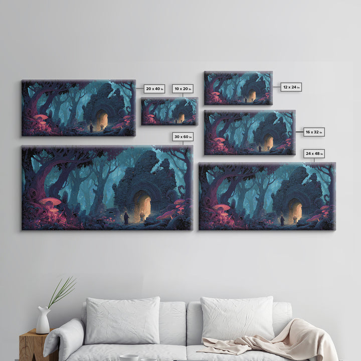 Enchanted Forest Portal Canvas Print, Mushroom Fantasy Wall Art, Magical Ruins Decor, Whimsical Fairy Tale Print For Kids Room