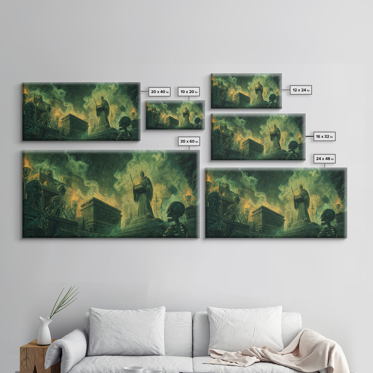 Green Necromancer Crypt Canvas Print, Skeleton Ritual Dark Fantasy Art, Gothic Wall Art, Occult Decor, Dungeons And Dragons Gift