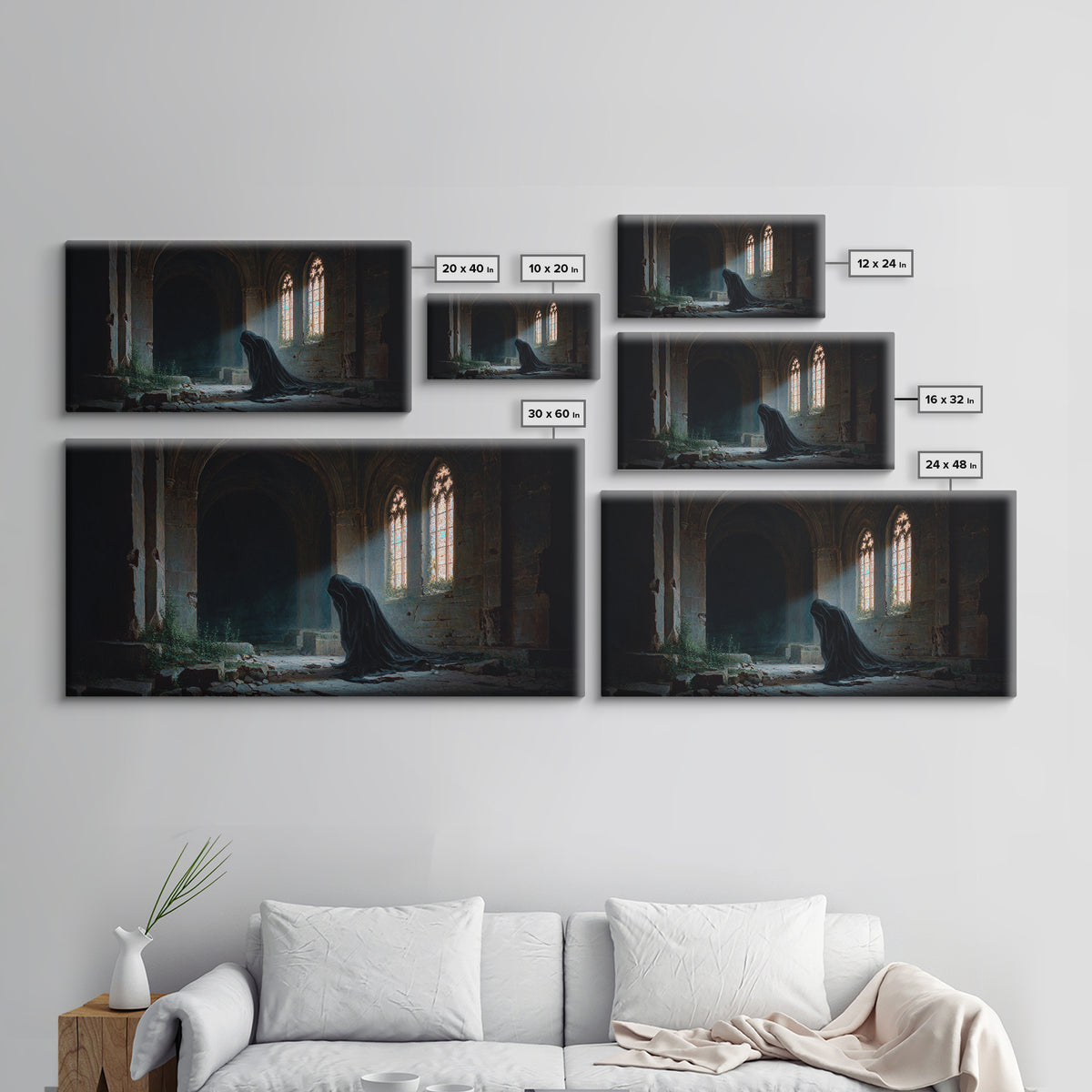 Hooded Figure In Ruined Gothic Cathedral Framed Canvas Print, Dark Academia Wall Art, Moody Spiritual Decor For Home Office