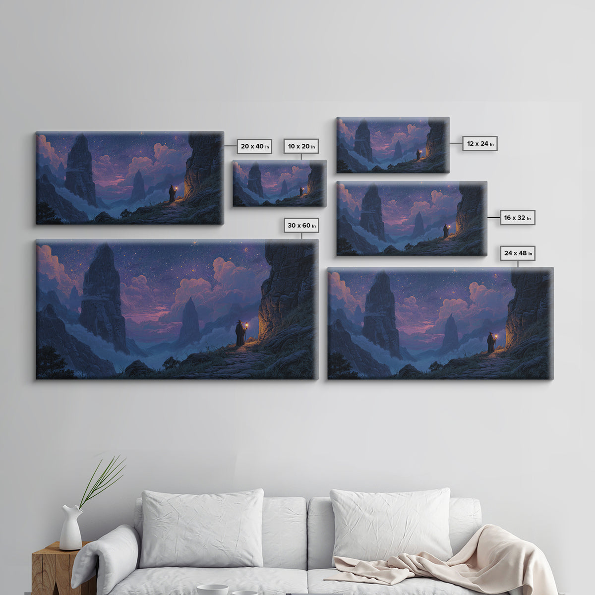 Starry Mountain Pass Canvas Print, Wizard Journey Wall Art, Fantasy Landscape Decor, Purple Night Sky Art Print For Bedroom