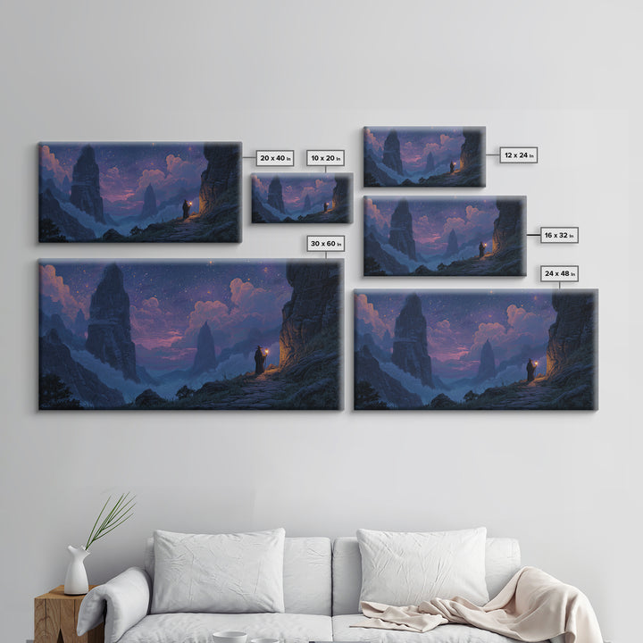 Starry Mountain Pass Canvas Print, Wizard Journey Wall Art, Fantasy Landscape Decor, Purple Night Sky Art Print For Bedroom