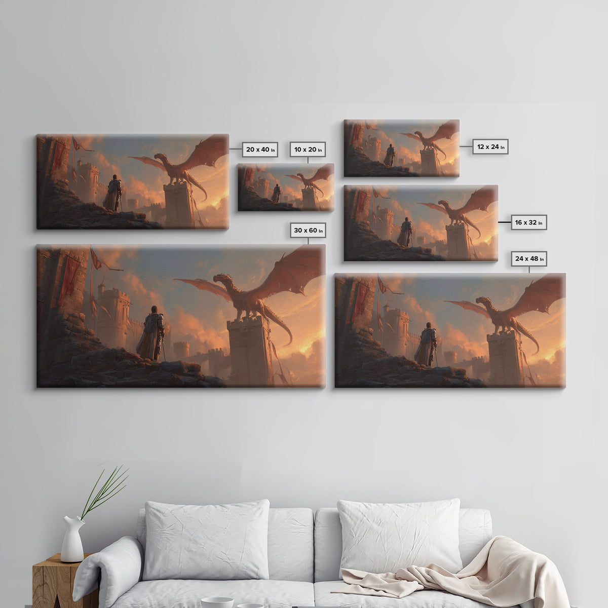 Dragon Over Castle Ramparts Canvas Print, Epic Fantasy Wall Art, Medieval Knight Decor, Dark Academia Gift For Him, Large Statement Artwork