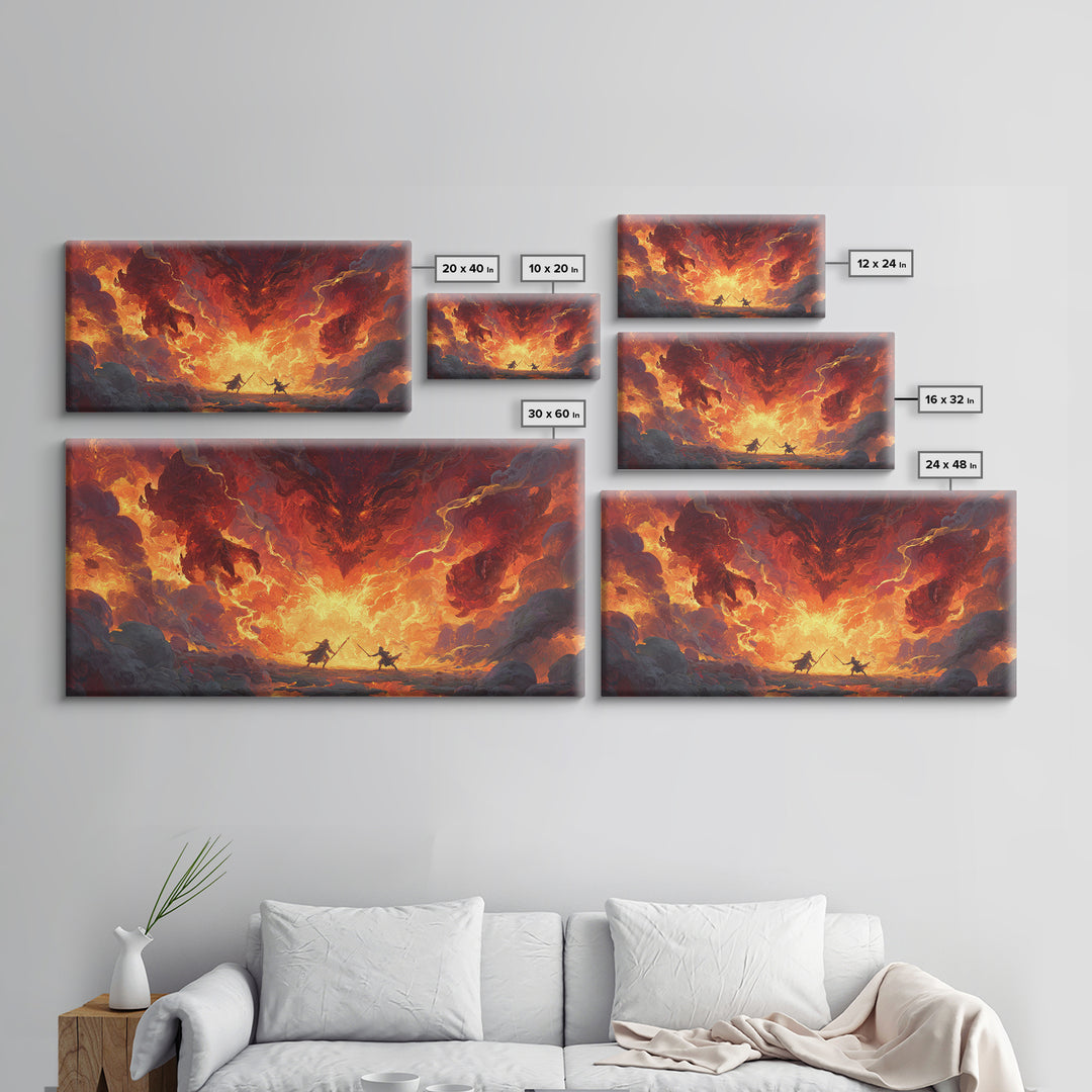 Fiery Demon Battle Scene Canvas Print, Dark Fantasy Wall Art, Dragon Artwork, Gothic Decor, Gaming Room Statement Art, Large Wall Art