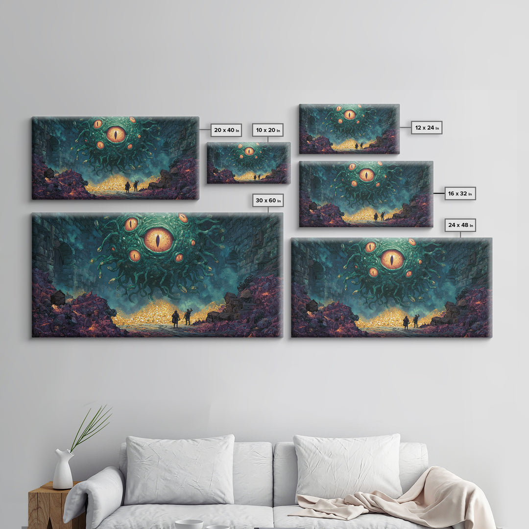 Floating Eyed Monster Over Gold Hoard Canvas Print, Dark Fantasy Wall Art, Dungeon Decor, Gaming Room Art, Gift For Gamer