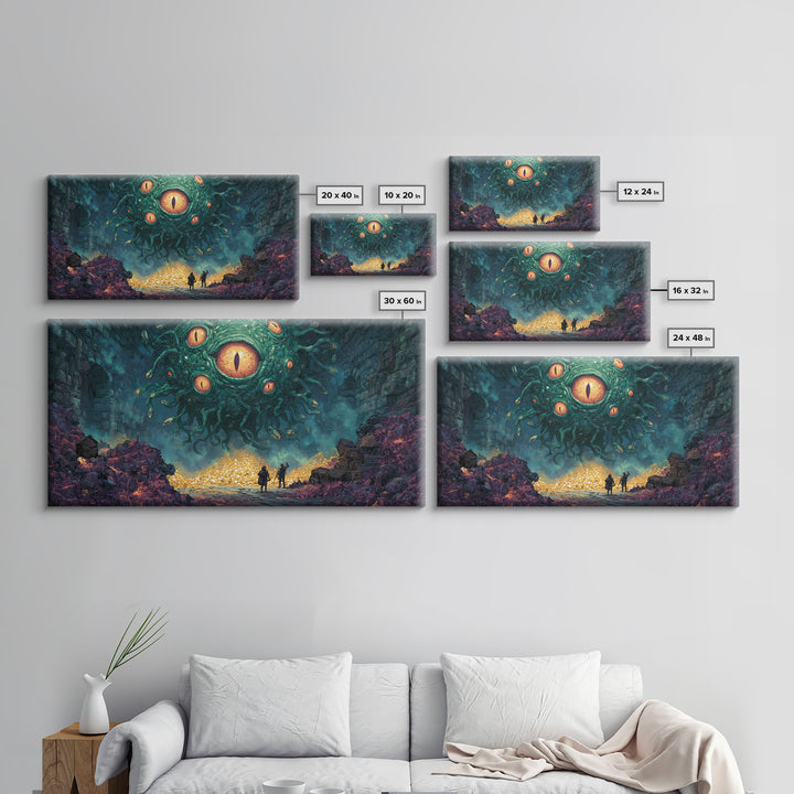 Floating Eyed Monster Over Gold Hoard Canvas Print, Dark Fantasy Wall Art, Dungeon Decor, Gaming Room Art, Gift For Gamer