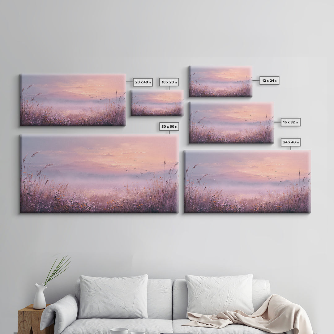 Misty Pink Sunrise Meadow Landscape Wall Art, Wildflower Canvas Print, Nature Wall Decor, Calming Bedroom Decor Gift For Her