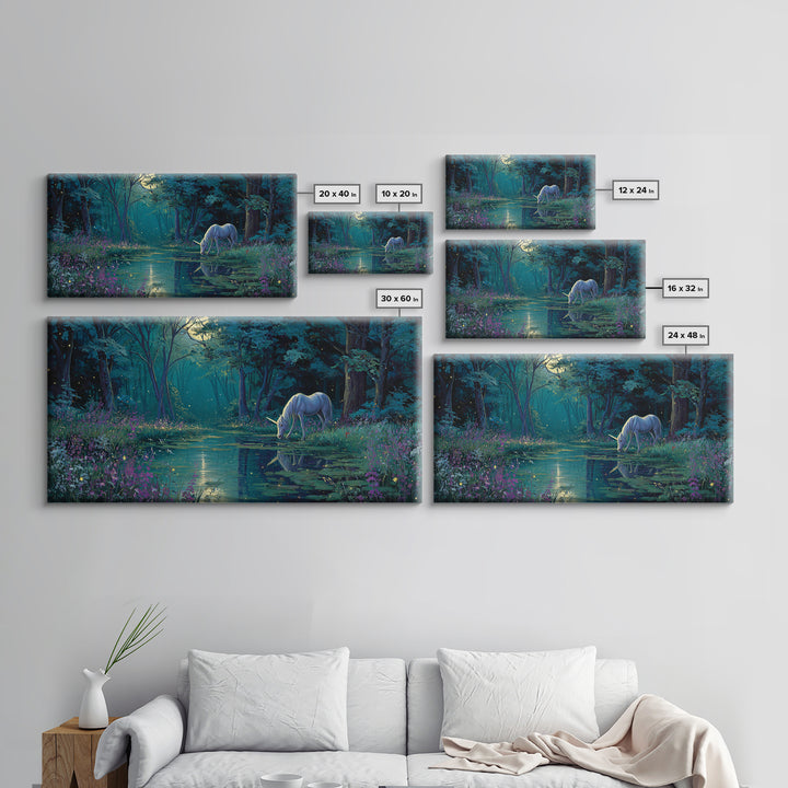 Moonlit Unicorn Forest Pond Wall Art, Enchanted Fantasy Landscape Canvas, Whimsical Nursery Decor, Magical Gift For Her Art