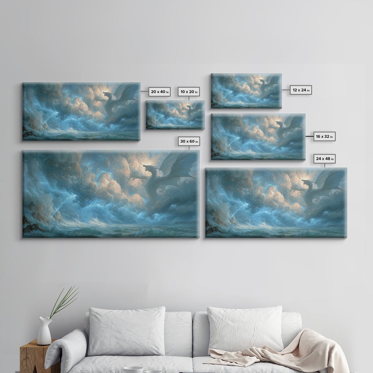 Storm Dragon Above Raging Ocean Canvas Print, Epic Fantasy Wall Art, Moody Seascape Decor For Living Room And Office Decor