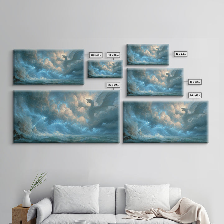 Storm Dragon Above Raging Ocean Canvas Print, Epic Fantasy Wall Art, Moody Seascape Decor For Living Room And Office Decor