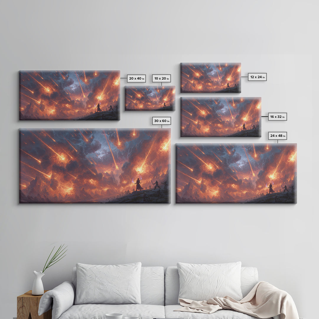 Meteor Storm Apocalypse Canvas Print, Fiery Fantasy Battlefield Scene, Dark Fantasy Art, Gaming Room Decor, Statement Wall Art