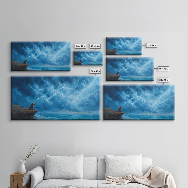 Lone Mage Facing Lightning Storm Wall Art, Fantasy Seascape Canvas, Blue Ocean Painting, Dramatic Large Wall Decor For Him