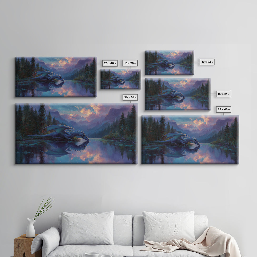 Blue Dragon Resting By Moonlit Lake Canvas Print, Fantasy Wildlife Art Print, Mystical Mountain Decor For Nursery Or Bedroom