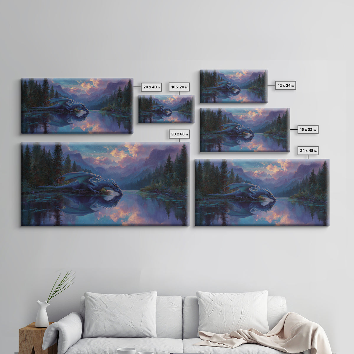 Blue Dragon Resting By Moonlit Lake Canvas Print, Fantasy Wildlife Art Print, Mystical Mountain Decor For Nursery Or Bedroom