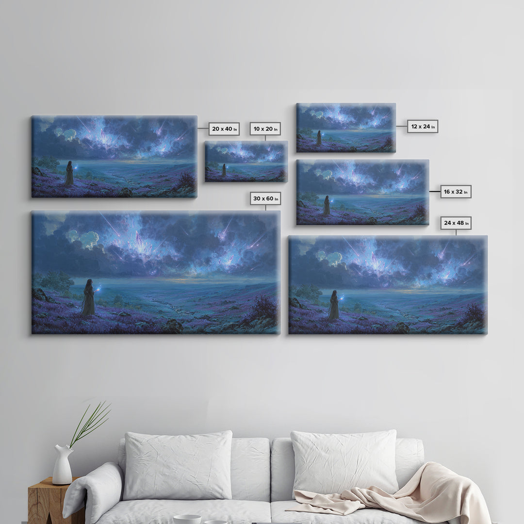 Cosmic Sorceress Under Meteor Sky Wall Art, Fantasy Landscape Canvas, Celestial Space Decor, Mystical Blue Home Decor Gift