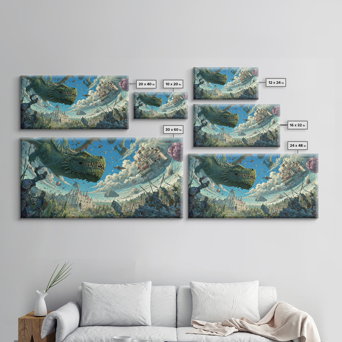 Skyborne Dragon Over Floating Castle Canvas Print, Whimsical Fantasy Wall Art, Surreal Art Print, Kids Room Decor, Nursery Decor